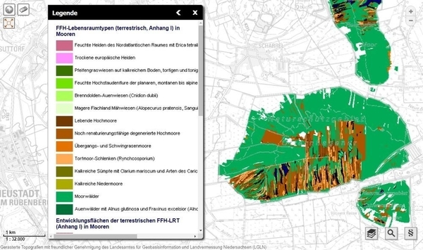 Darstellung der FFH-Lebensraumtypen im MoorIS mit eingeblendeter Legende.