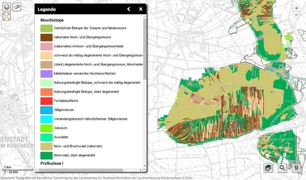 Darstellung der Moorbiotope im MoorIS mit eingeblendeter Legende.