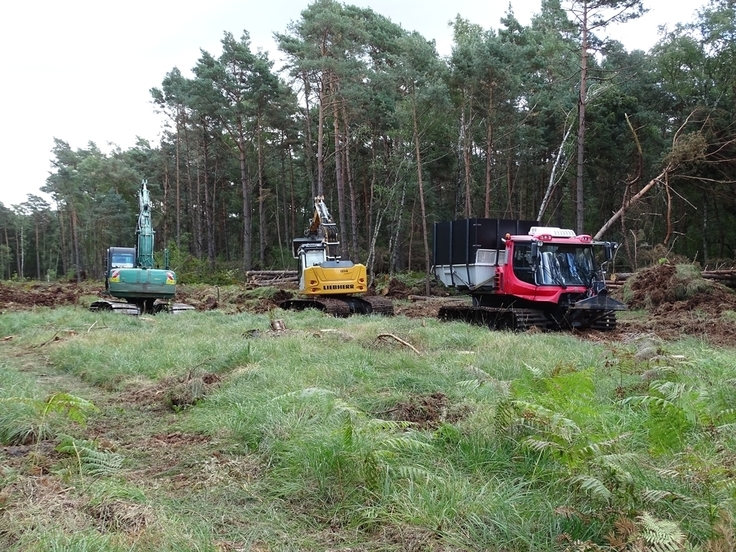 Spezialmaschinen, die für das Befahren des Moorbodens geeignet sind, bauen den Moordamm aus dem vor Ort vorhandenen Boden (Torf), auf. Der Damm hält das Regenwasser im Gebiet zurück.