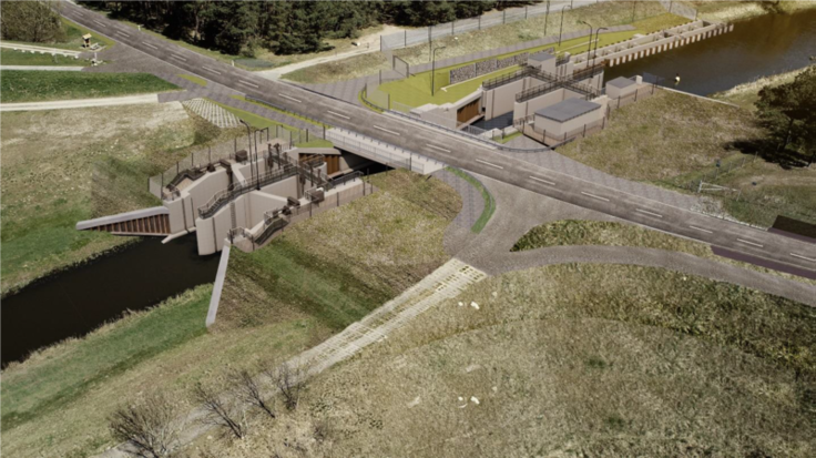 So sollen die geplanten Bauwerke aussehen (von links): Hochwasserschutzanlage mit doppelter Verschlusslinie, Straßenbrücke mit Radweg, Wehranlage mit Fischaufstieg (Bild: Planungsgemeinschaft KREBS+KIEFER/IRS Stahlwasserbau im Auftrag des NLWKN/NLStBV