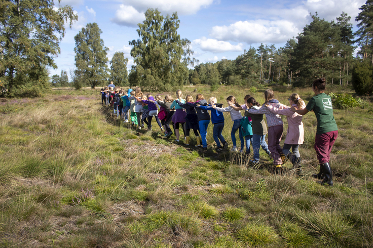 Mit der Schlangen-Polonaise ging es in die Heide (Foto: Kristina Stein-Matthies).