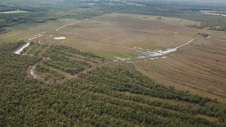 Panoramaaufnahme vom Bissendorfer Moor mit gut erkennbaren Dammstrukturen und zurückgehaltenem Regenwasser im September 2023 (Foto: Marcel Hollenbach/Region Hannover)