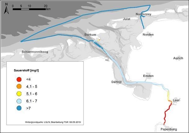 ...und exemplarisches FerryBox-Transekt von Norderney bis in das Ems-Ästuar für Sauerstoffgehalte (rechts).