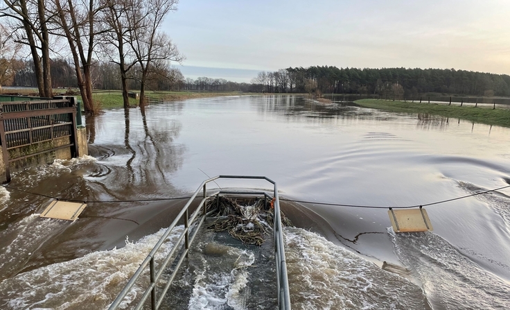 Im Hochwasserfall kann die Aller (wie hier beim Wehr Oppershausen während des Hochwassers Ende Dezember 2023) ein ernstes Gefahrenpotenzial entwickeln. Wo Überschwemmungen drohen, zeigen die Berechnungen des NLWKN. (Archivbild: NLWKN).