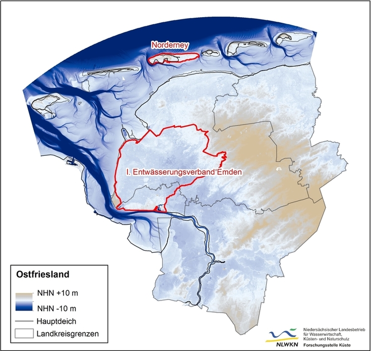 WAKOS-Untersuchungsgebiet mit den Schwerpunkten 1. Entwässerungsverband Emden und die Insel Norderney.