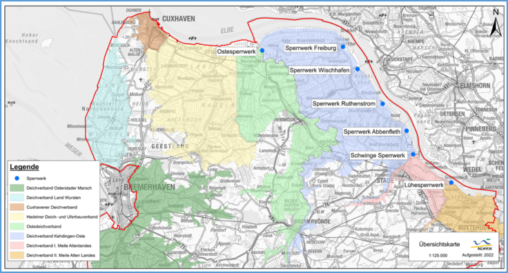 Wie an einer Perlenkette aufgereiht verteilen sich die sieben Sperrwerke entlang der Tide-Elbe. Zusammen mit der Hauptdeichlinie schützen Sie hunderttausende Menschen vor den Kräften der Nordsee.