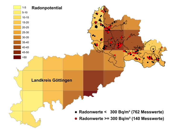 Räumliche Verteilung der Radon Messwerte im Landkreis Göttingen auf der Radonpotentialkarte (BfS 2024)