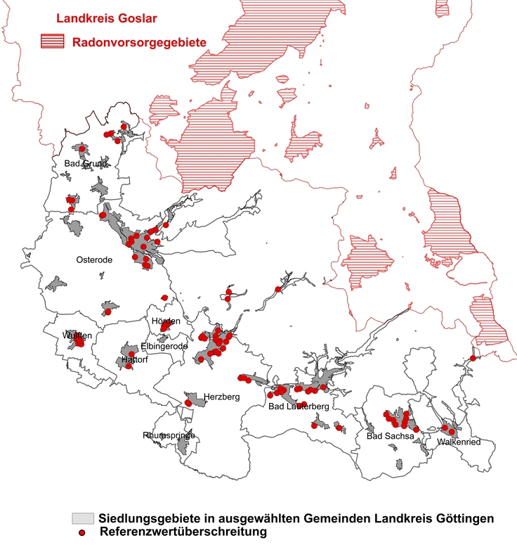 Räumliche Verteilung der Referenzwertüberschreitungen in den ausgewählten Gemeinden des Landkreises Göttingen