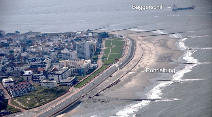 Luftaufnahme von Norderney mit Einzeichnung der Rohrleitung und des Baggerschiffs