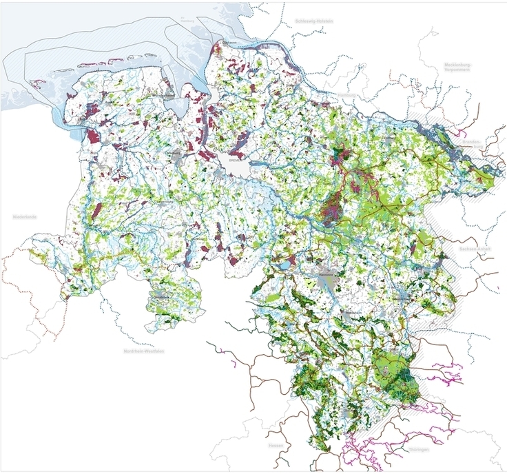 Der landesweite Biotopverbund im Niedersächsischen Landschaftsprogramm besteht aus einem Verbund der Offenlandlebensräume und einem Verbund der Waldlebensräume. Das gemeinsame Rückgrat bildet der Verbund der Fließgewässer mit seinen Auen.