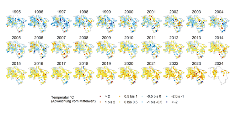 Diese Abbildung zeigt die Entwicklung der Grundwassertemperatur an Grundwassermessstellen in Niedersachsen im Zeitraum von 1995 bis 2024.