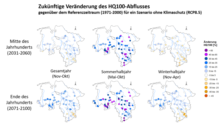Zukünftige Veränderungen der HQ100-Hochwasserabflüsse bis 2060 und 2100 unter einem Szenario ohne Klimaschutz (RCP8.5)