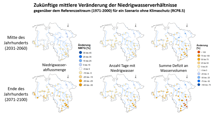 Zukünftige Veränderungen der Niedrigwasserabflüsse bis 2060 und 2100 unter einem Szenario ohne Klimaschutz (RCP8.5)