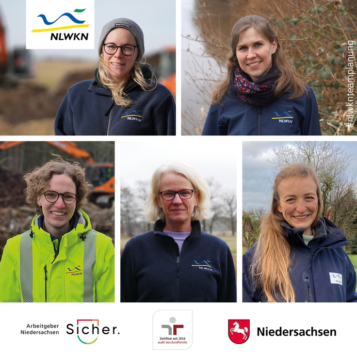 Das Bild zeigt fünf Frauen aus dem dem Bereich Planung und Bau im NLWKN. Von oben links im Uhrzeigersinn: Edda Held, Susanne Ewert, Rena Lührsen, Petra Hentschel und Johanna Franz.