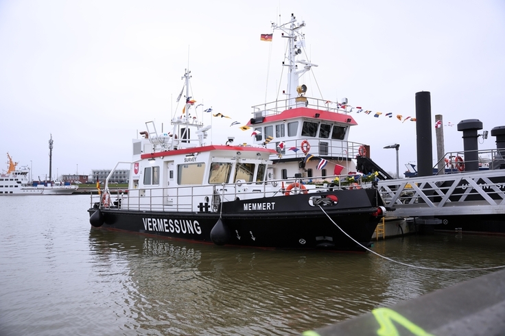 Das neue Seevermessungsschiff MS „Memmert“ in seinem Heimathafen Norddeich (Bild: Lippe/NLWKN).