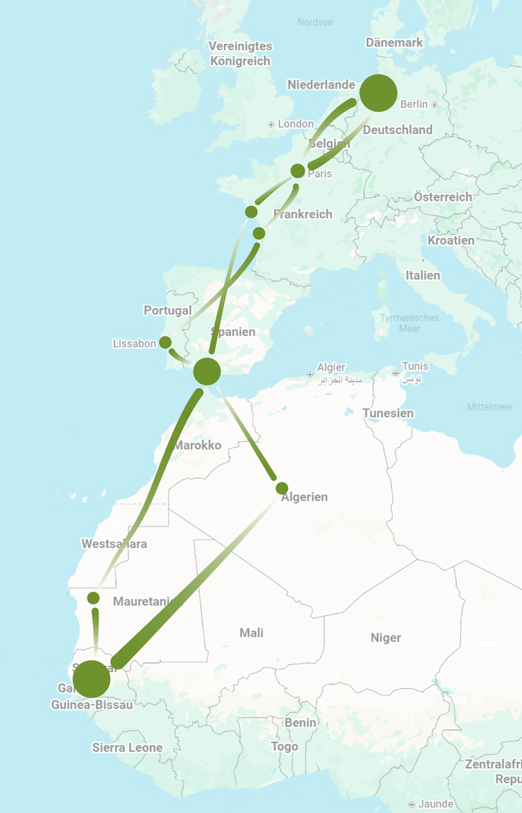 Die Graphik zeichnet die Zugroute der Uferschnepfe Werner nach. (Bild: G. La Spina / NLWKN)
