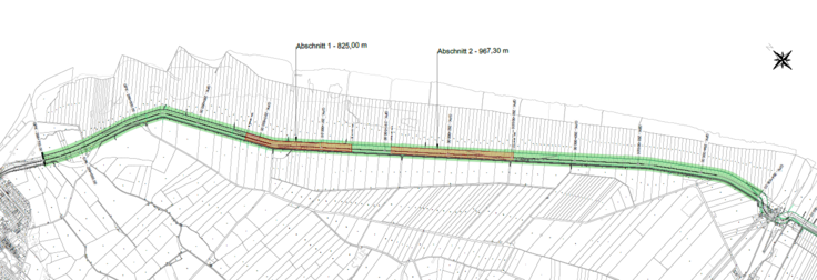 Der 5,85 Kilometer lange Nordendergrodendeich auf dem Lageplan: die Anpassungsabschnitte mit Fehlhöhen von bis zu vierzig Zentimetern sind braun markiert (Grafik: NLWKN).