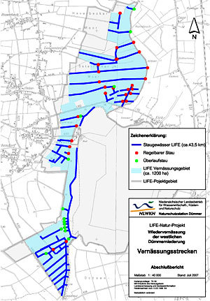 The rewetted areas, weirs and ditches in the project area