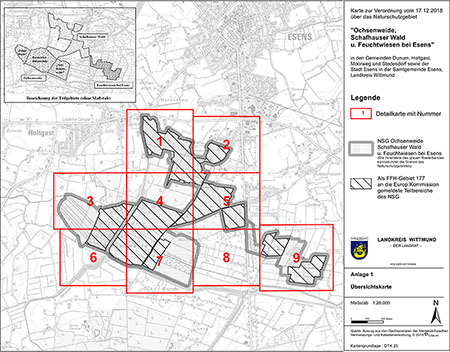 Übersichtskarte der Verordnung des Naturschutzgebietes Ochsenweide, Schafhauser Wald und Feuchtwiesen bei Esens