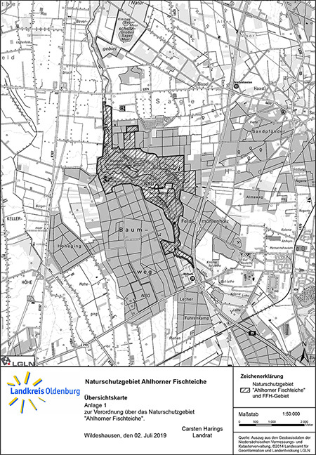 Übersichtskarte der Verordnung des Naturschutzgebietes "Ahlhorner Fischteiche"