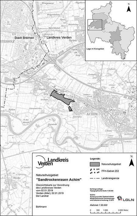 Übersichtskarte der Verordnung des Naturschutzgebietes Sandtrockenrasen-Achim