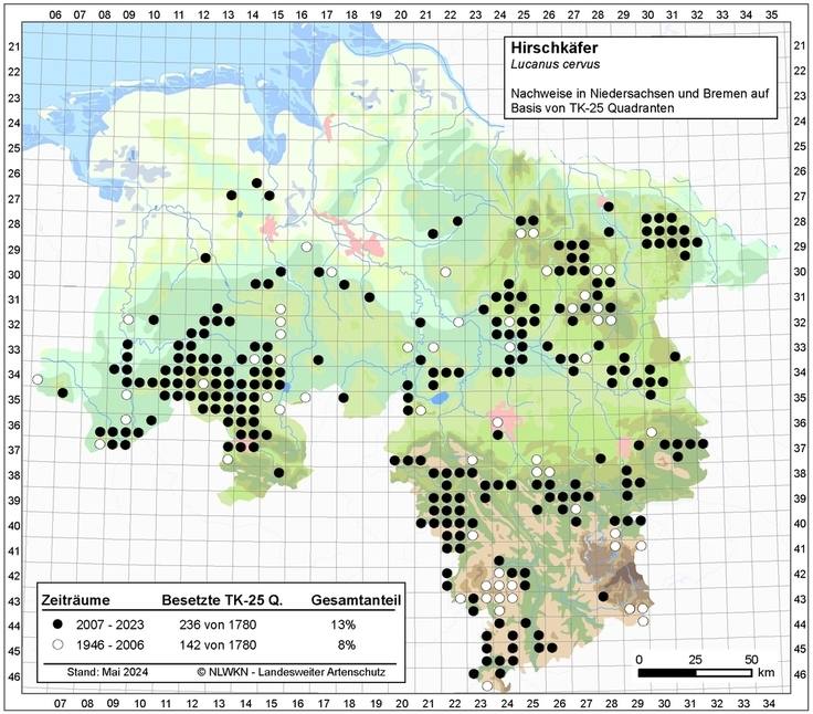 Hirschkäfer-Nachweise aus Niedersachsen und Bremen, 1946-2023