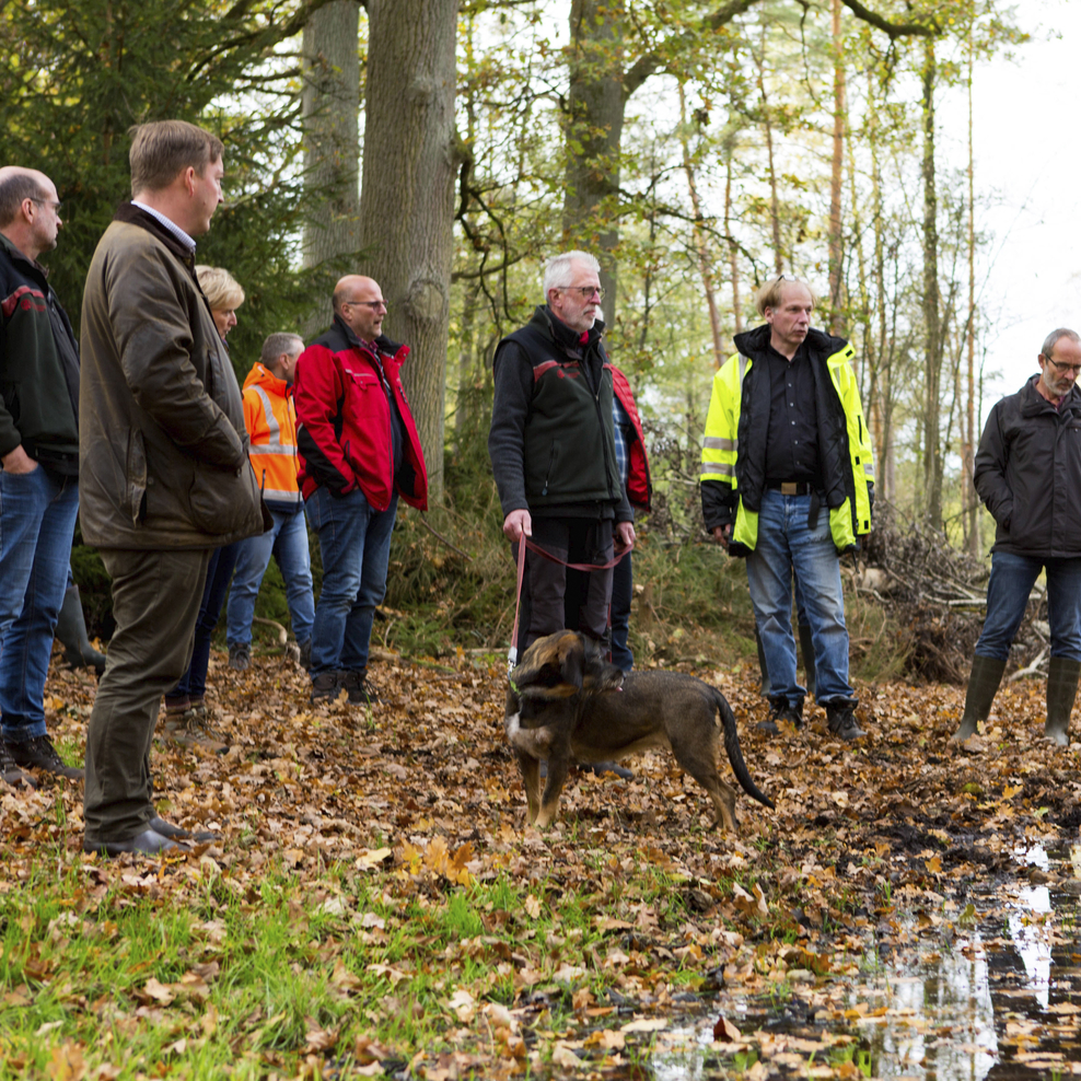 Bei der gemeinsamen Abnahme wurden die umgesetzten Bauarbeiten mit Vertreterinnen und Vertretern des NLWKN, der NLF, des Landkreises Gifhorn, der Gemeinde Steinhorst sowie der ausführenden Baufirma besprochen (Bild: André Behrens/NLF).