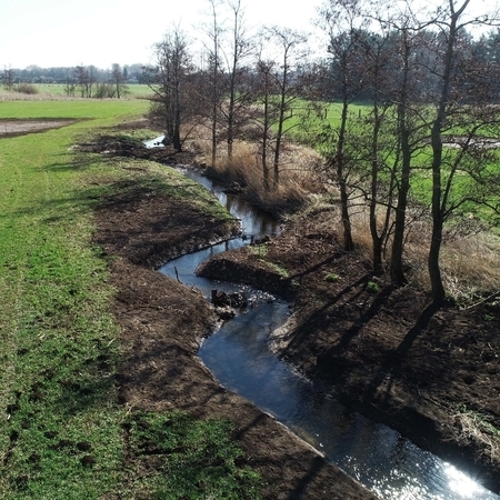 Aus der Luft gut sichtbar: Nicht mehr schnurgerade, sondern mäandrierend durchfließt die Scheppau im Bereich des zweiten Bauabschnitts die Landschaft im Landkreis Helmstedt (Bild: Seemann/NLWKN).