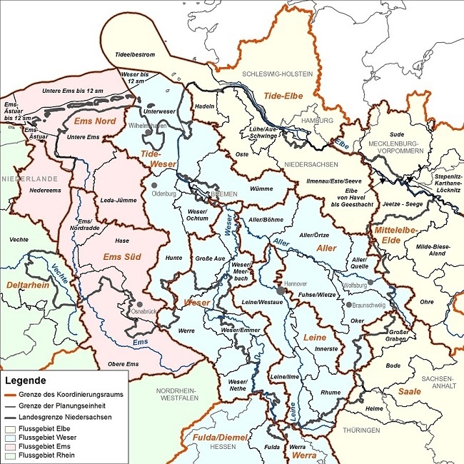 EG-WRRL Koordinierungsräume und Bearbeitungsgebiete (Planungseinheiten) in Niedersachsen