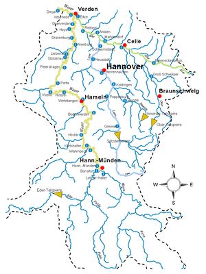 Karte der Meldepegel im Wesergebiet des ÜHWD