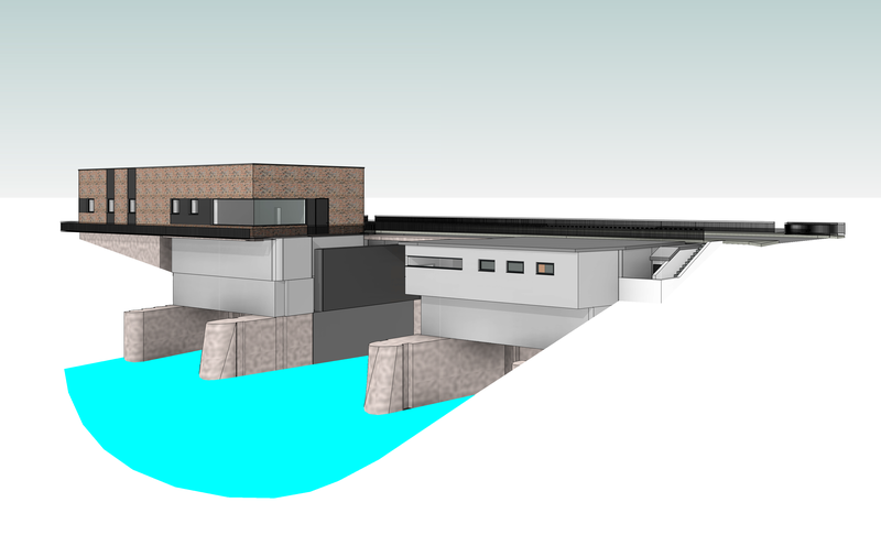 Modellzeichnung Ilmenau-Sperrwerk mit geplantem Betriebsgebäude